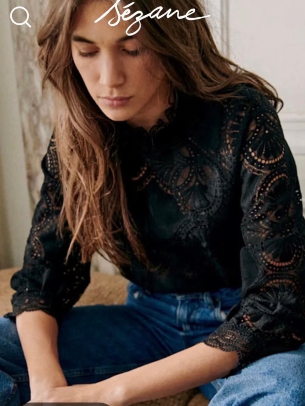 Sézane Bianca Top - Black Eyelet Lace Like New